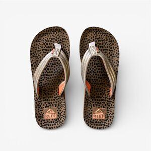 Reef Kids Ahi Leopard Print Flip Flops Metallic Gold Straps Size 3 Beach Y2K
